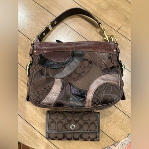Coach  Hobo Style E0873-13515 Brown Patchwork Leather Shoulder Handbag + Wallet